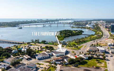 Annotated aerial looking south to the International Speedway and Silver Beach bridges and historic Beach Street